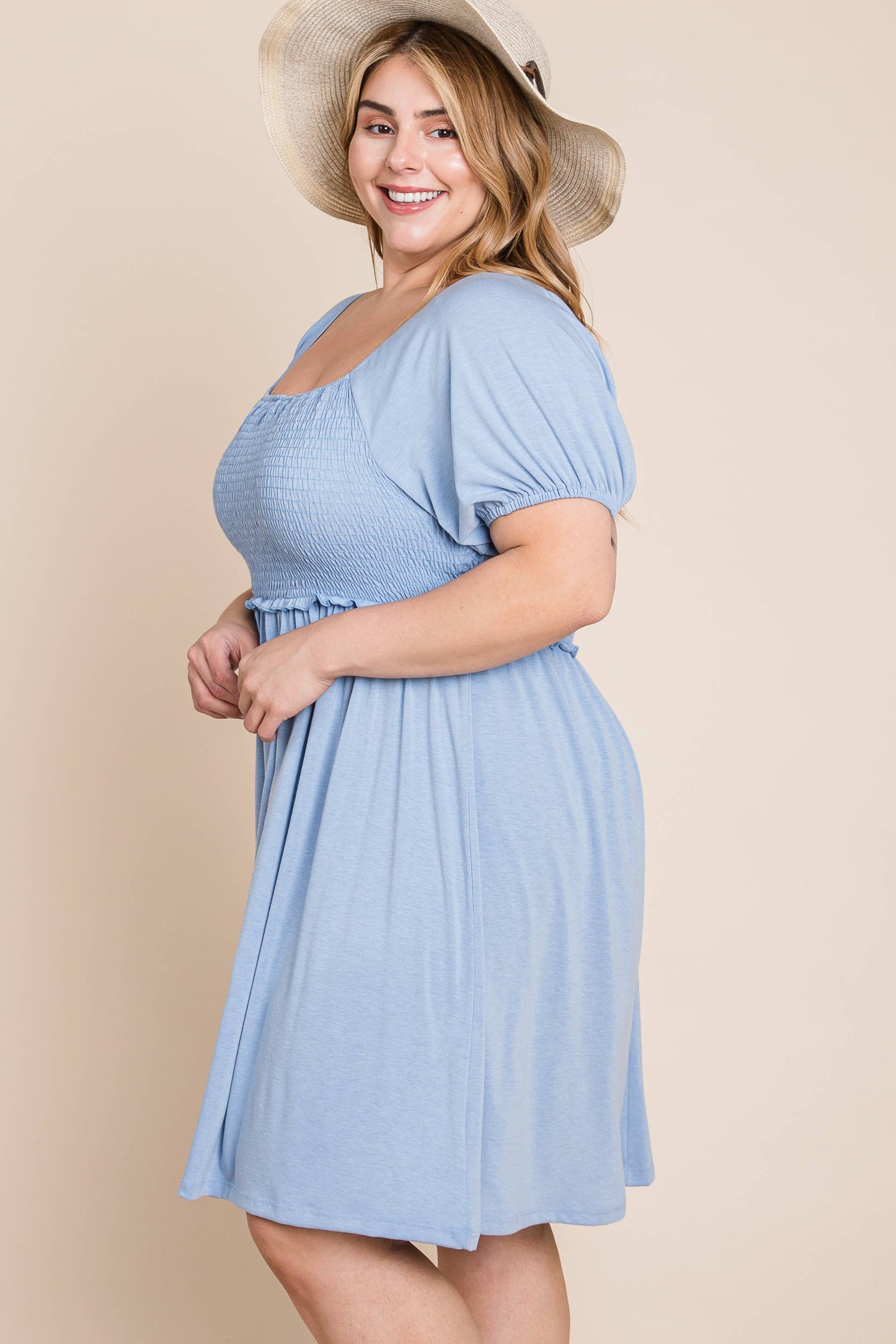 Plus Blue Smocked Babydoll Dress