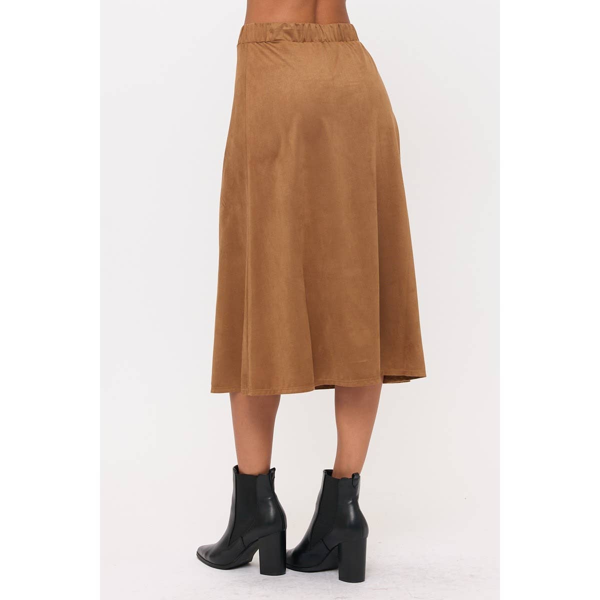 COGNAC ELASTIC WAIST ALINE BUTTON DOWN FAUX SUEDE SKIRT