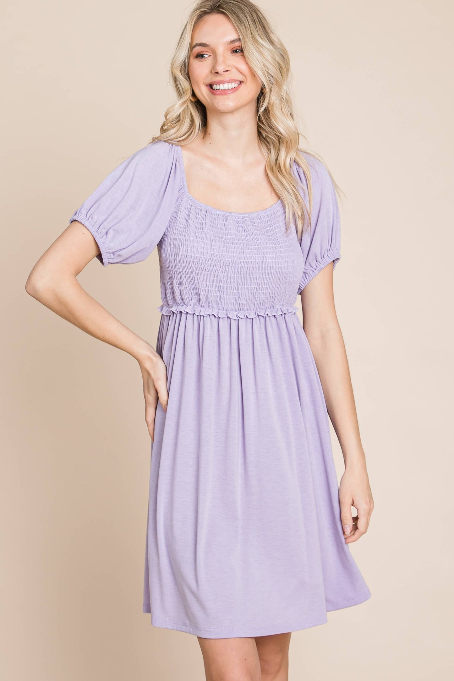 Solid Smocked Babydoll Dress Lavender