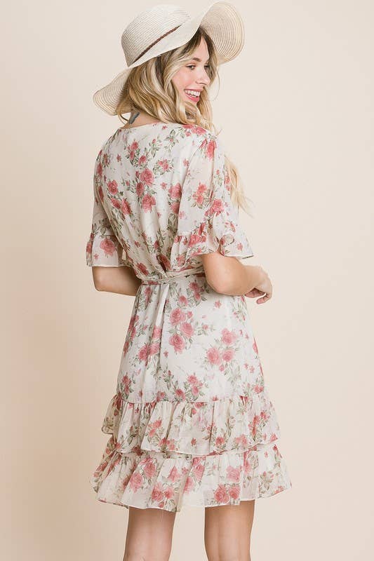 Pink Floral Wrap Chiffon Dress