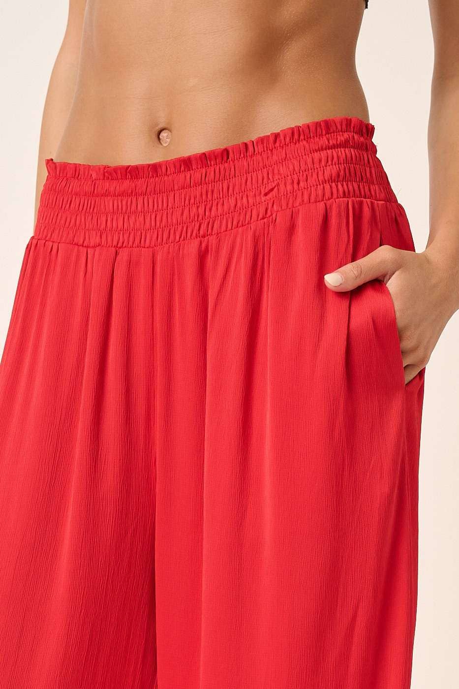 RED SATIN SMOCKED WAIST WIDE LEG PANT