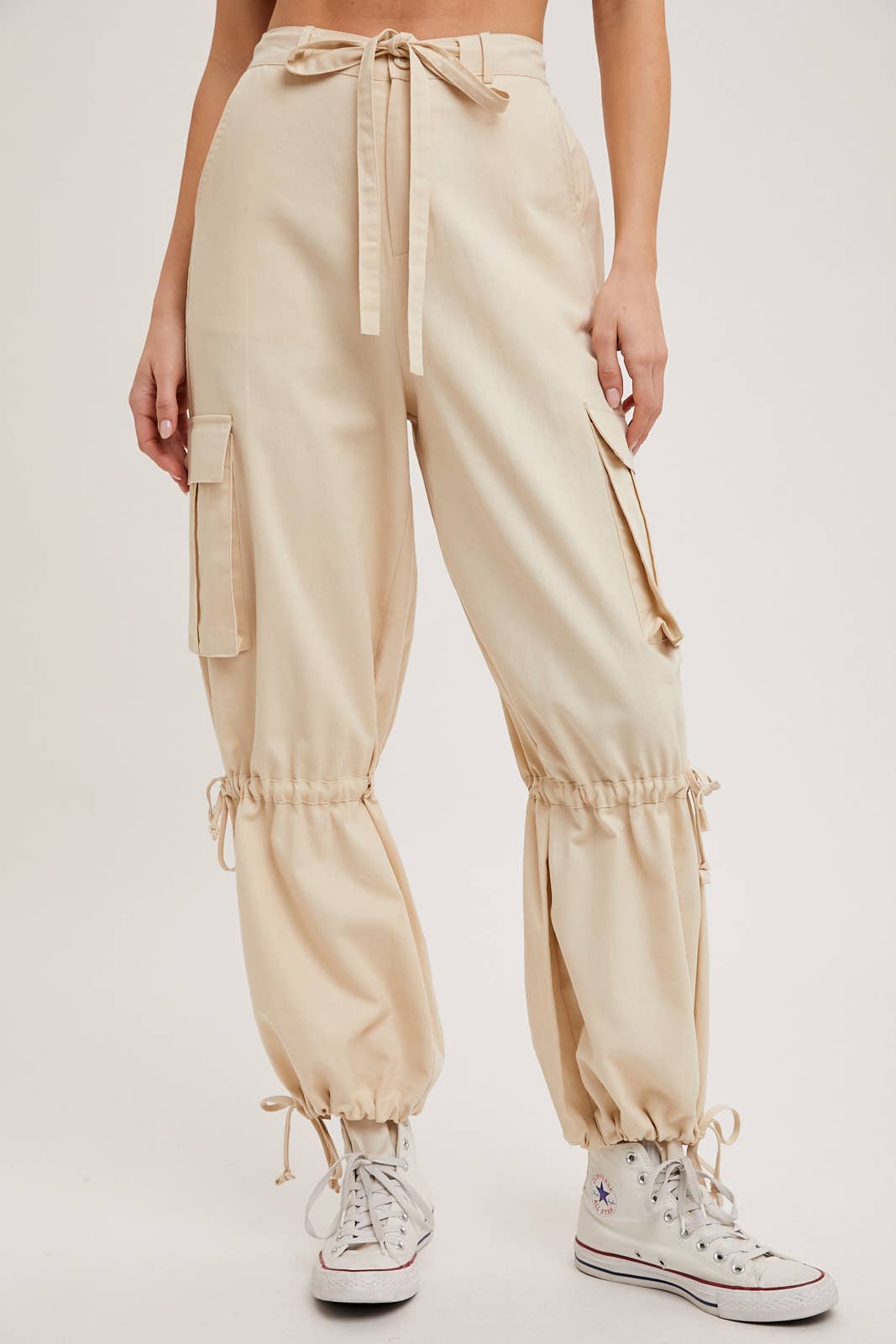 ECRU HIGH-RISE DRAWSTRING CARGO WIDE LEG PANTS
