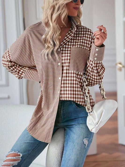 BROWN PLAID  BUTTON DOWN LONG SLEEVED