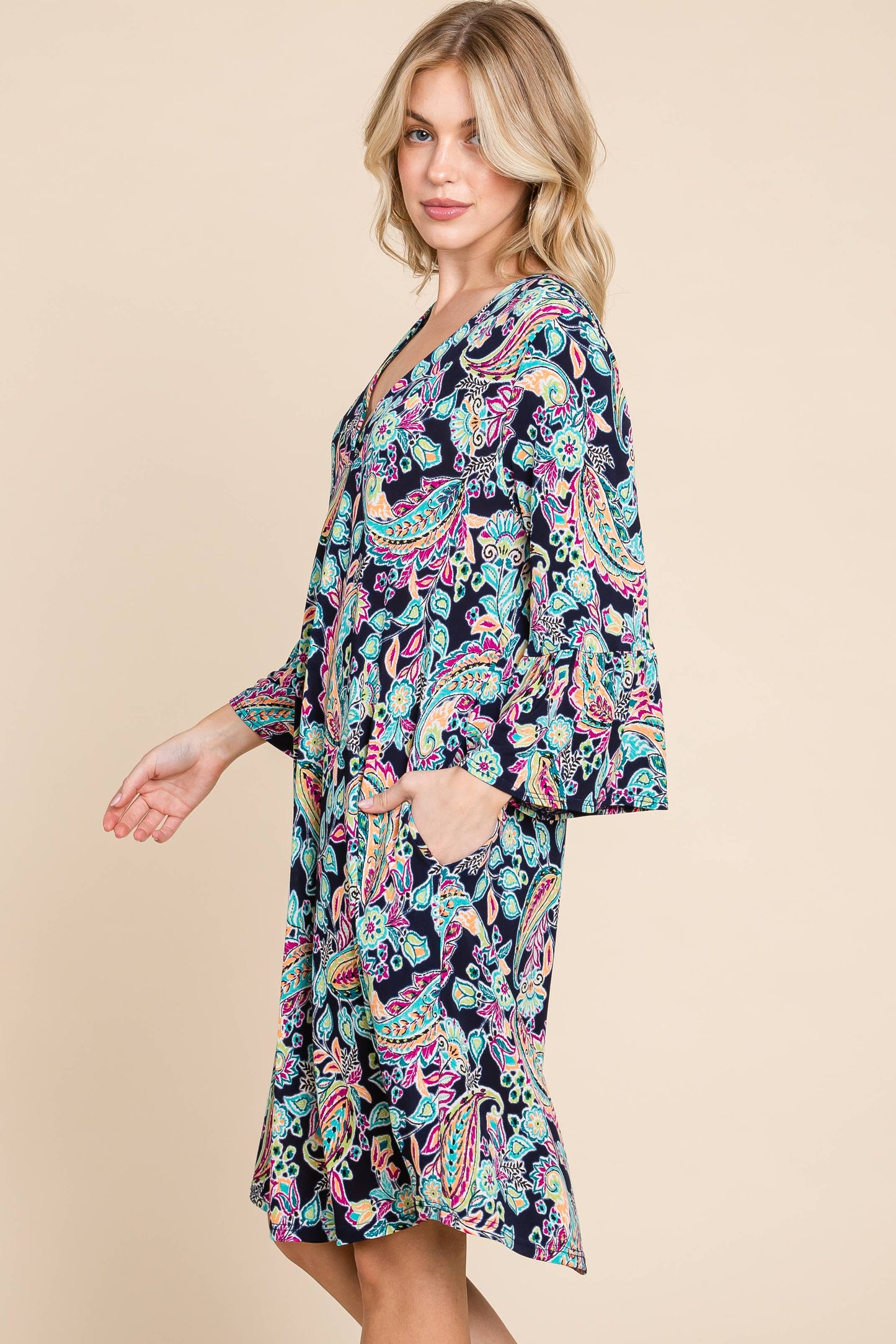 NAVY PAISLEY BELL SLEEVE DRESS