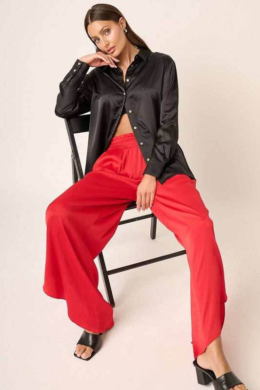 RED SATIN SMOCKED WAIST WIDE LEG PANT