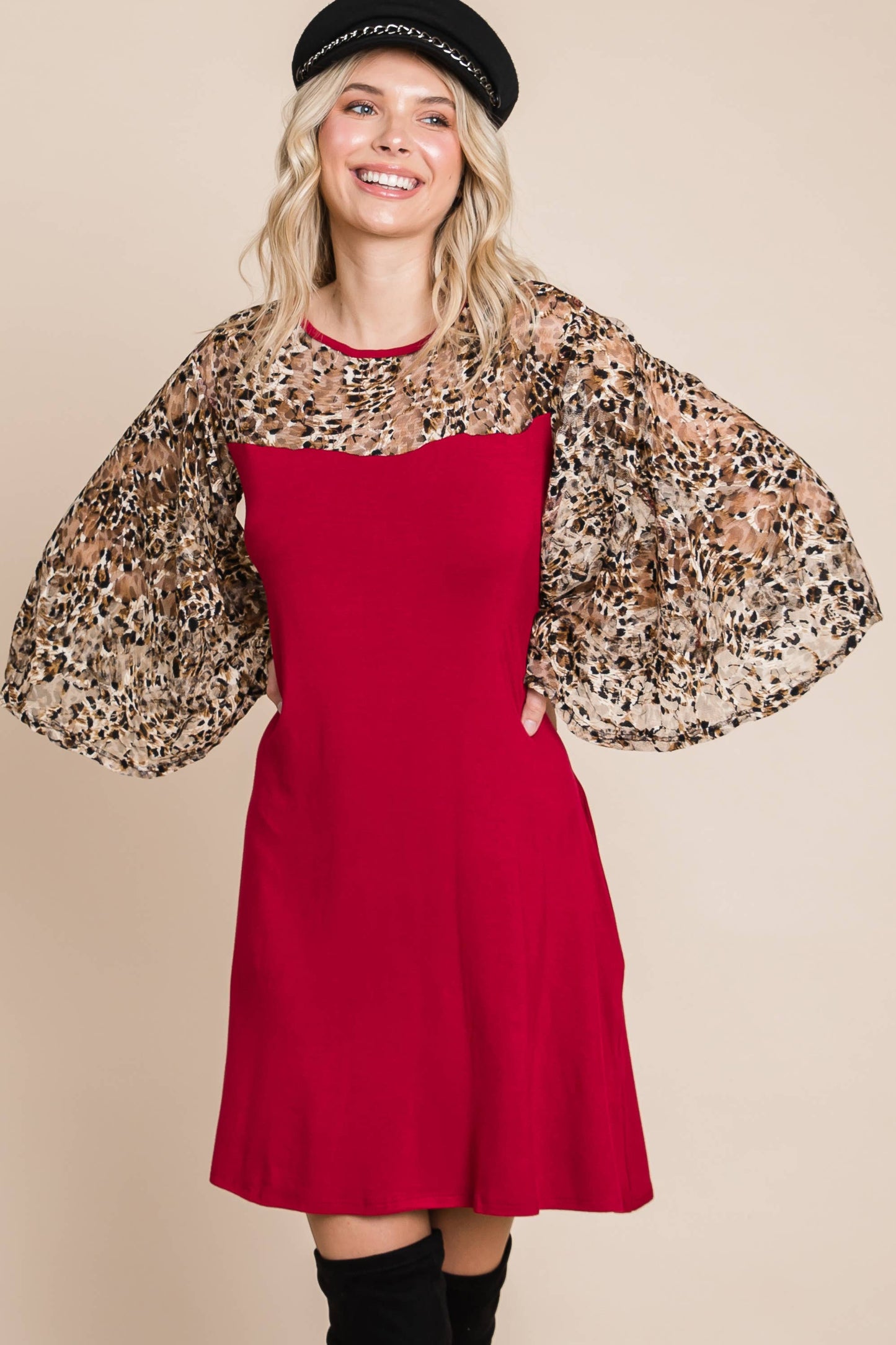 WINE A LINE DRESS WITH LEOPARD MESH SLEEVE