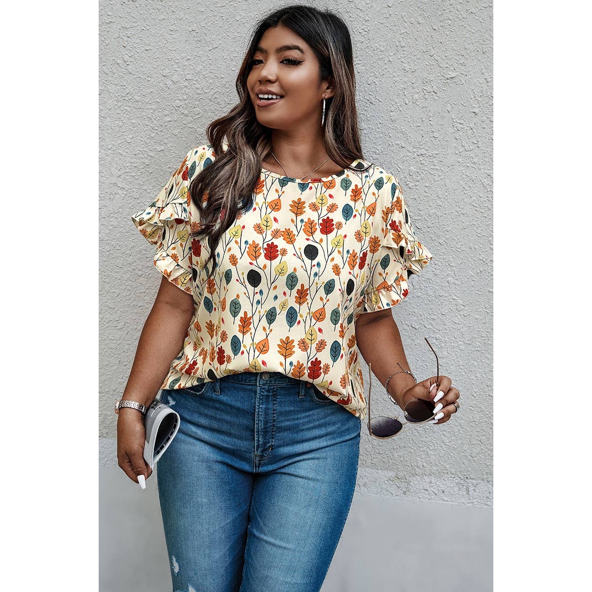 Plus Round Neck Floral Flounce Sleeve Loose Shirt: MULTI