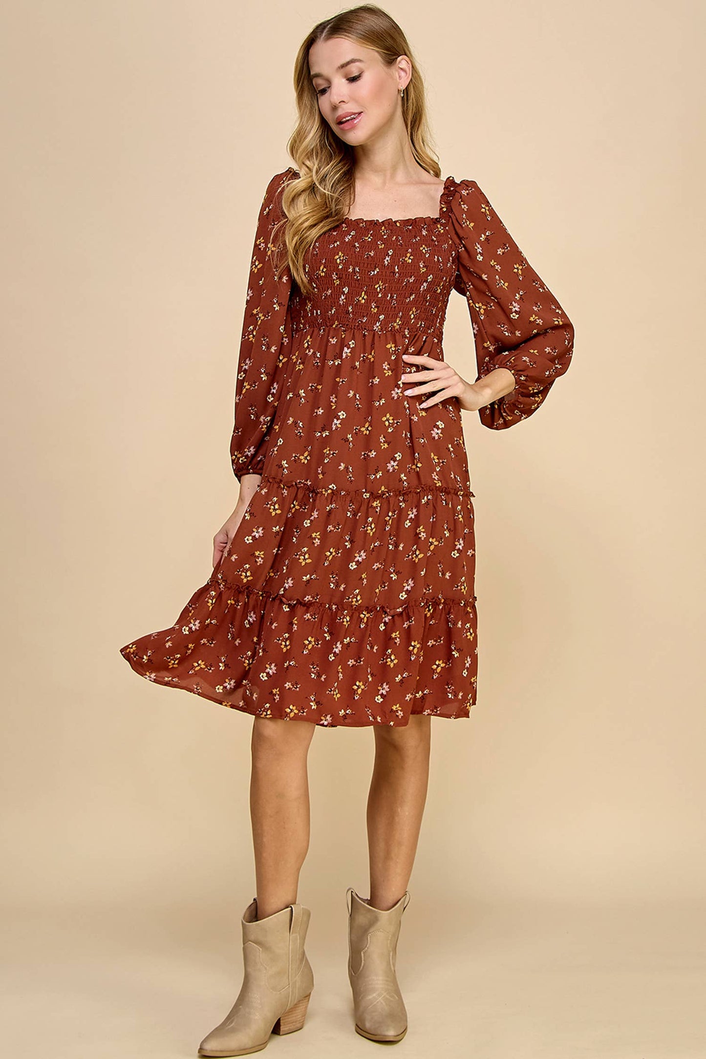 TIERED DRESS W/SMOCKING & LONG SLEEVE: RUST/GOLD/MAUVE