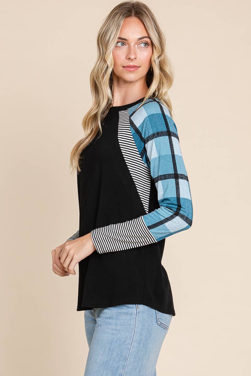 PLUS TEAL PLAID & STRIPE LONG SLEEVE