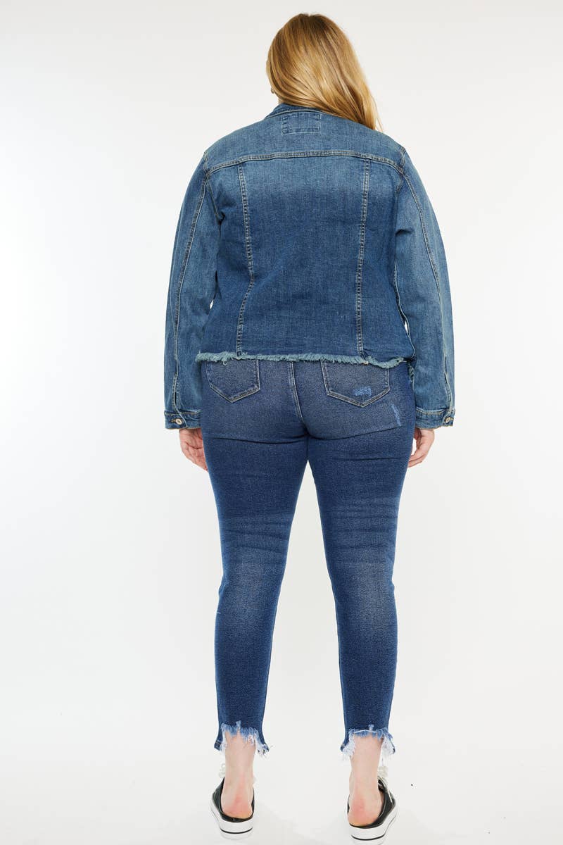 PLUS DARK RINSE DISTRESSED DENIM FRAY HEM JACKET