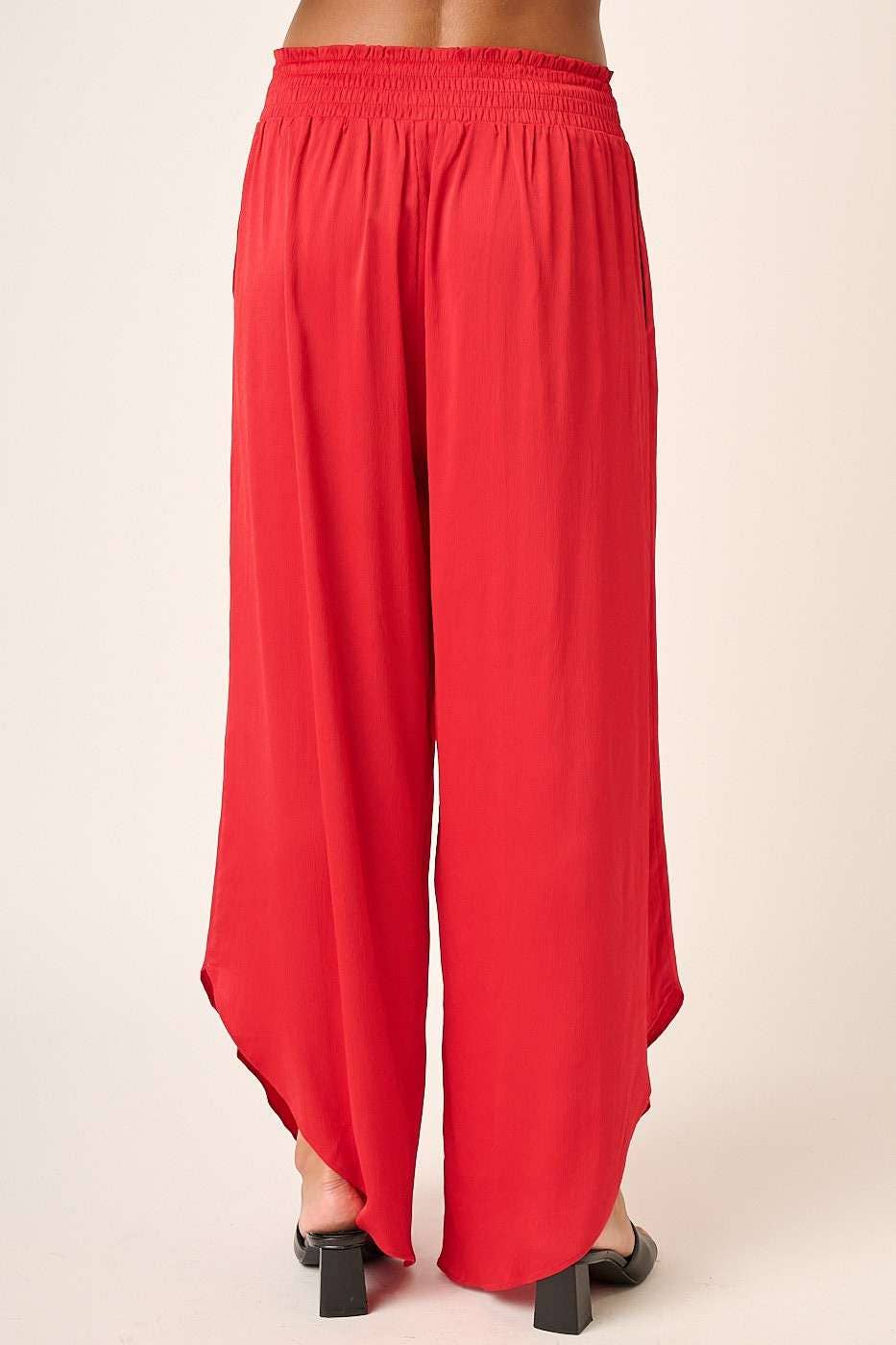 RED SATIN SMOCKED WAIST WIDE LEG PANT