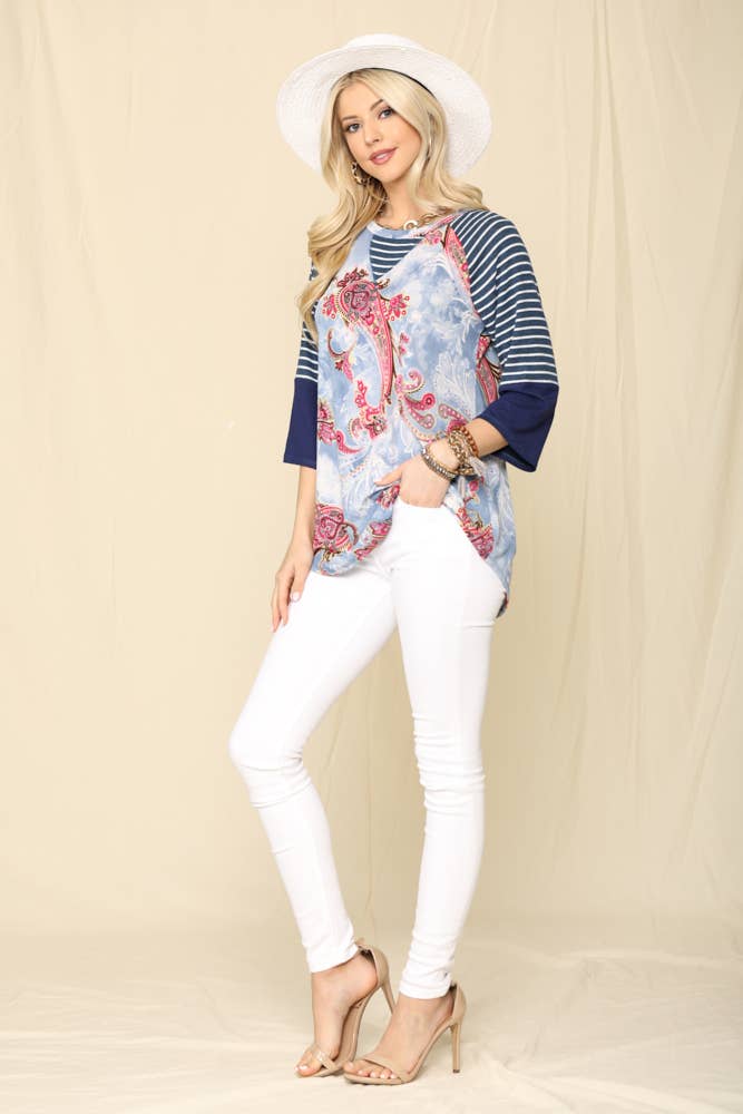 BLUE PAISLEY PRINT TOP WITH 3/4 SLEEVES -PLUS