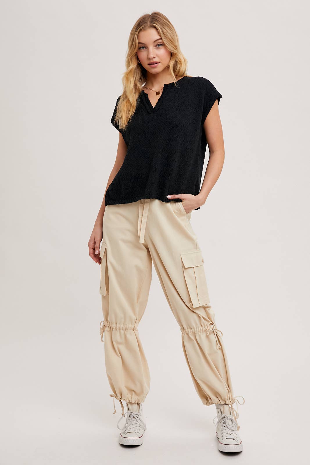 ECRU HIGH-RISE DRAWSTRING CARGO WIDE LEG PANTS