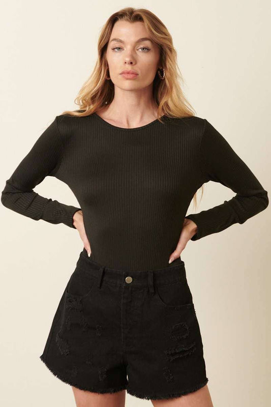 BLACK LONG SLEEVE RIB KNIT BODYSUIT
