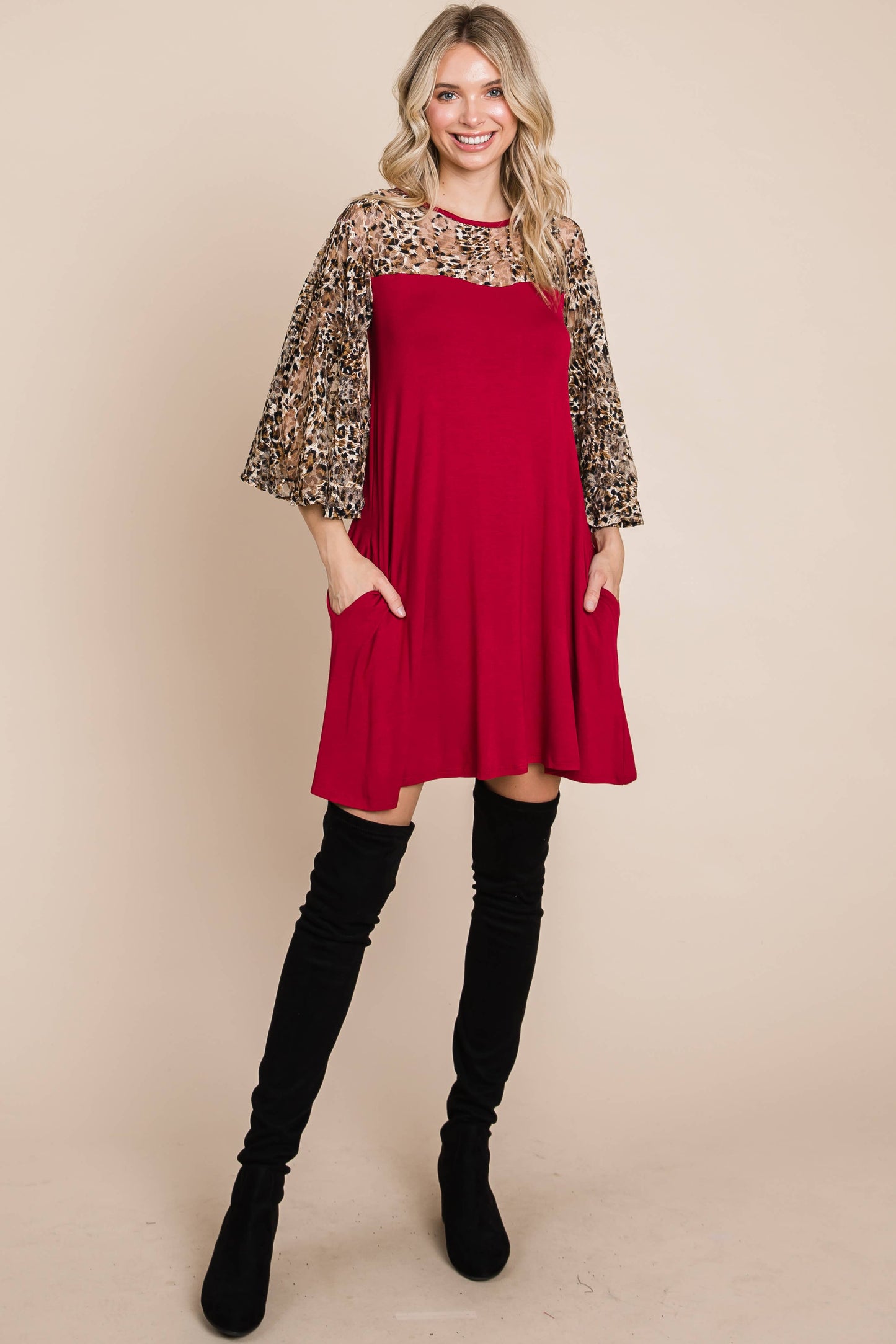 WINE A LINE DRESS WITH LEOPARD MESH SLEEVE