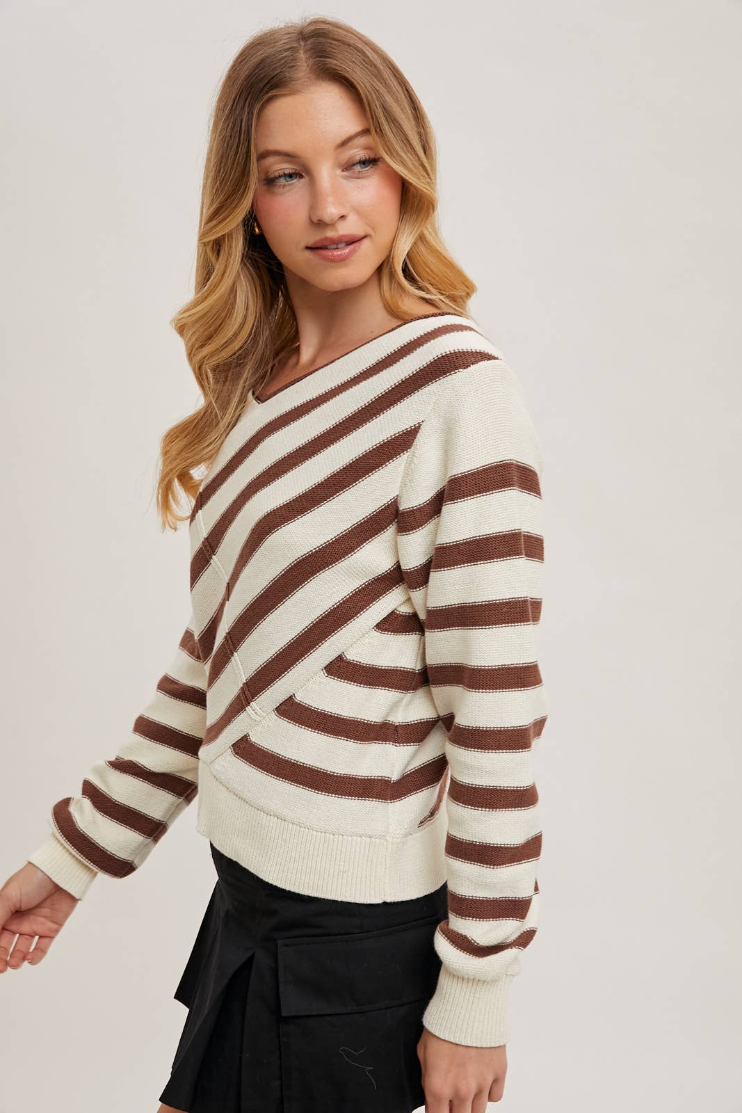 MOCHA STRIPED V NECK WRAP SWEATER