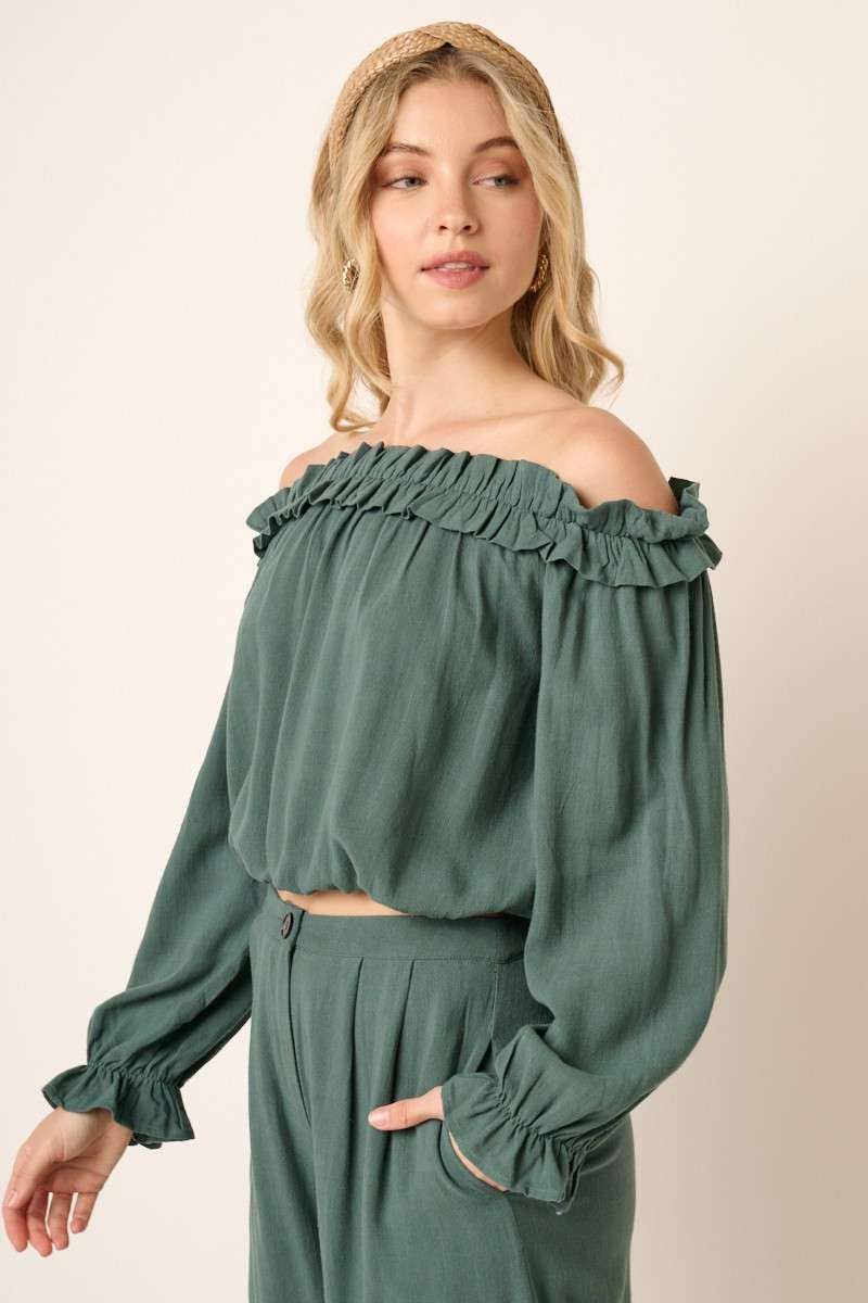 FOREST OFF SHOULDER LONG SLEEVE RUFFLE BLOUSE