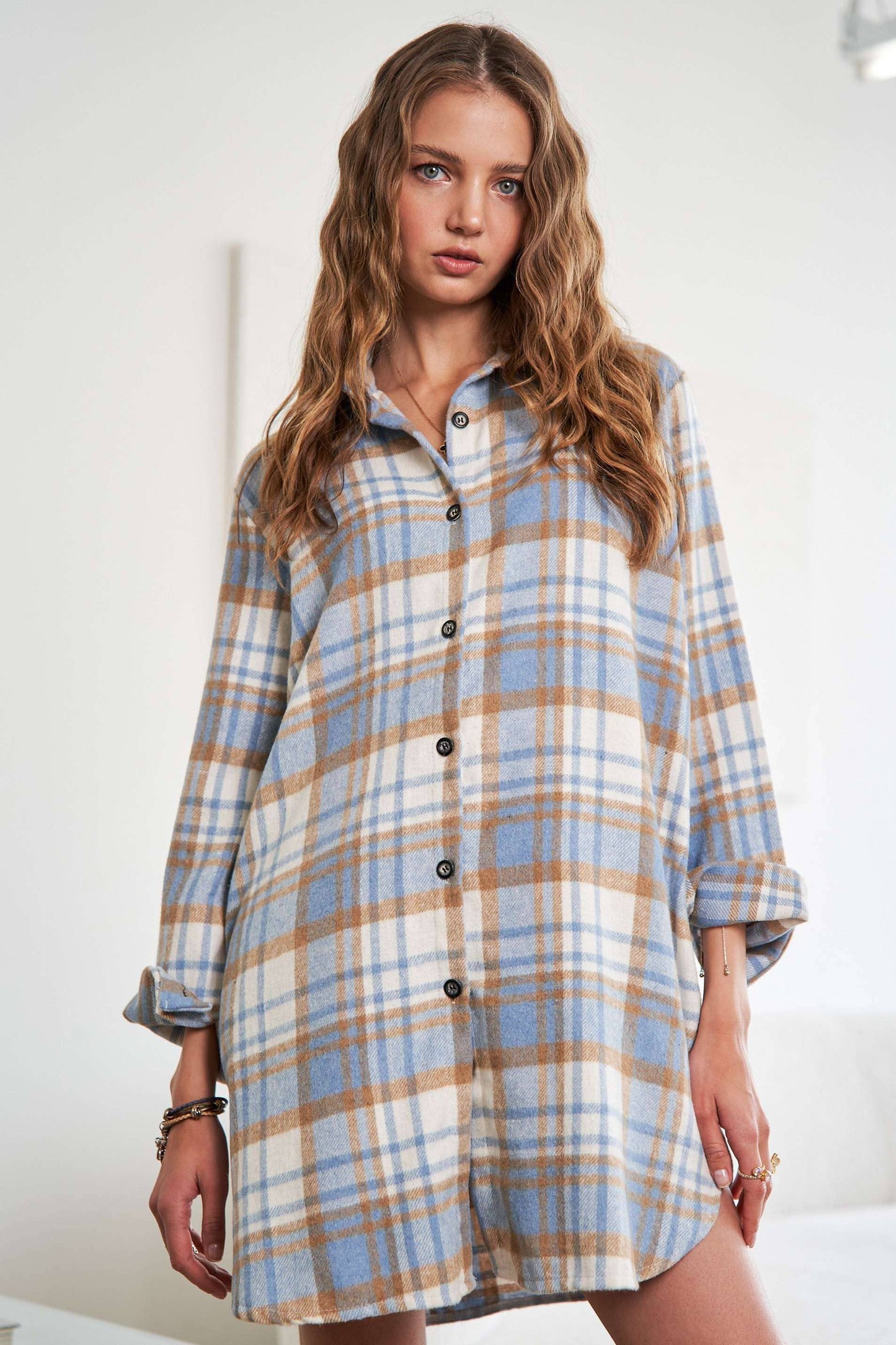 PLUS BUTTON DOWN FLANNEL SHACKET BLUE PLAID