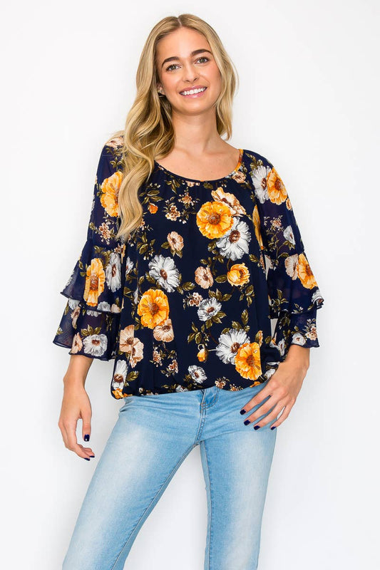 NAVY FLORAL SCOOP NECK FLOUNCE RUFFLED SLEEVE BLOUSE