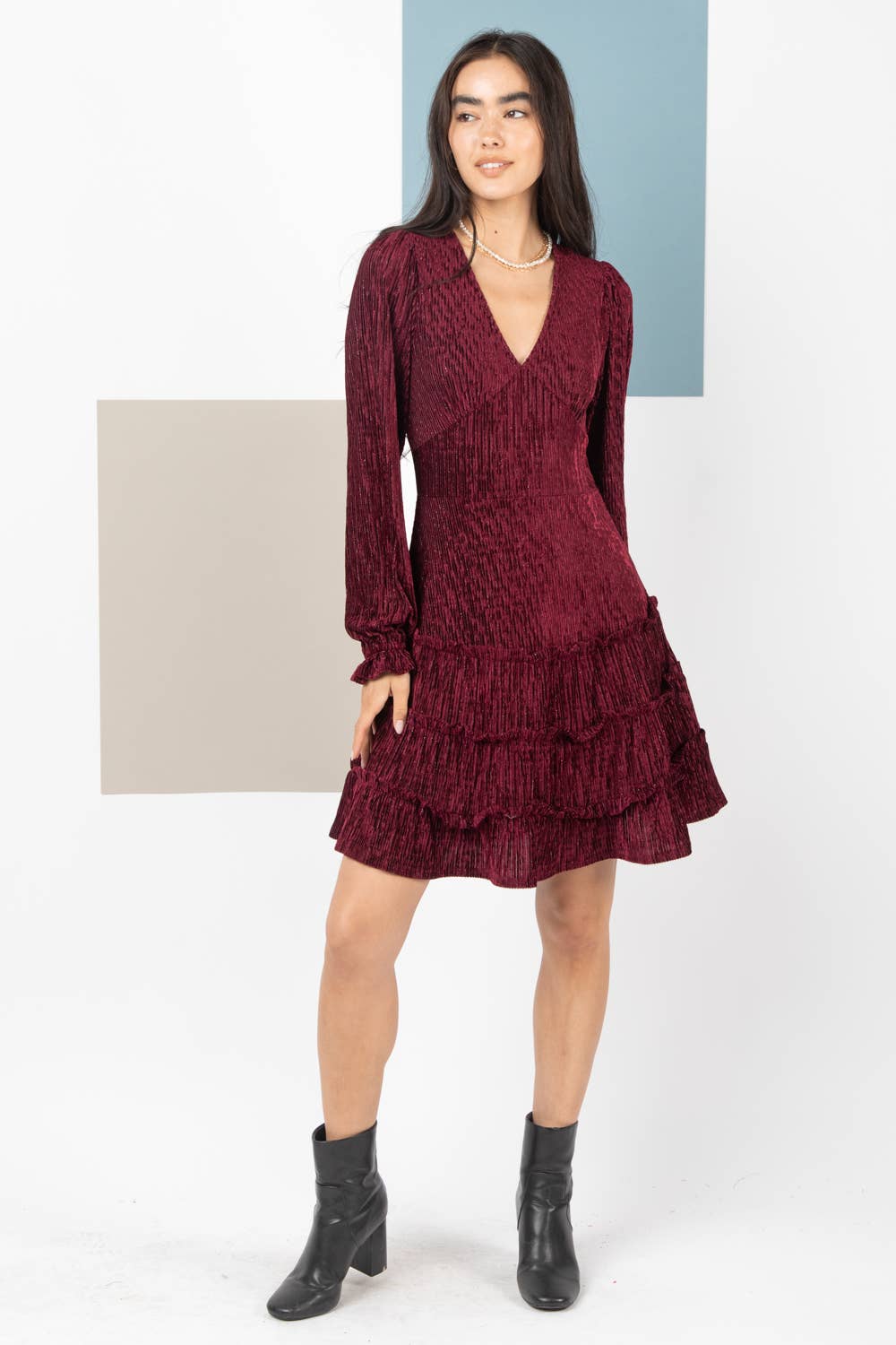 Deep V-neck Textured Velvet Mini Dress