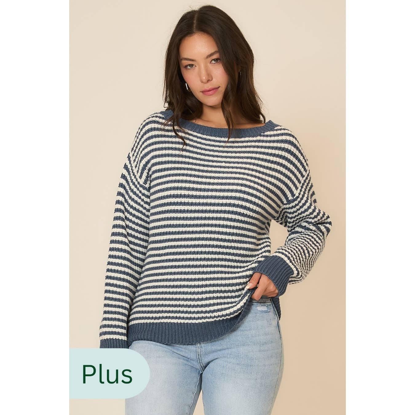 PLUS 2X/3X DENIM/IVORY STRIPED KNIT SWEATER
