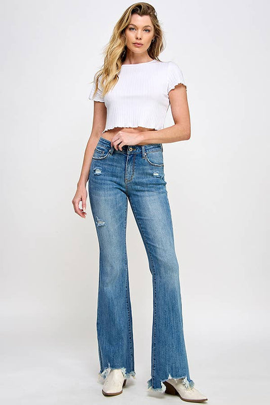 MID RISE BOOT CUT W/ DESTROY FRAY HEM SUPER STRETCH