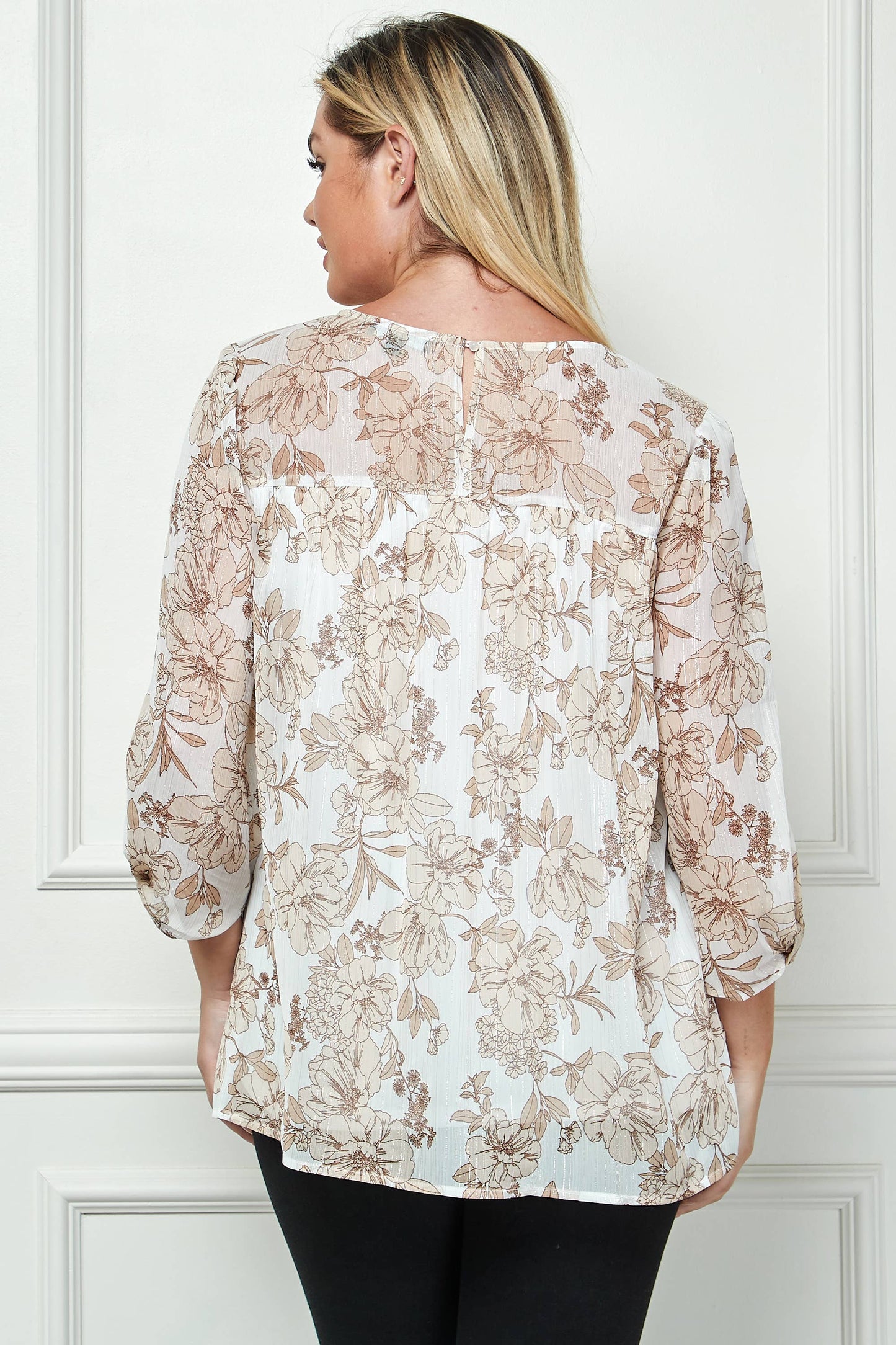 PLUS SIZE FRONT AND BACK YOKE BLOUSE: Ivory/Khaki/Tan