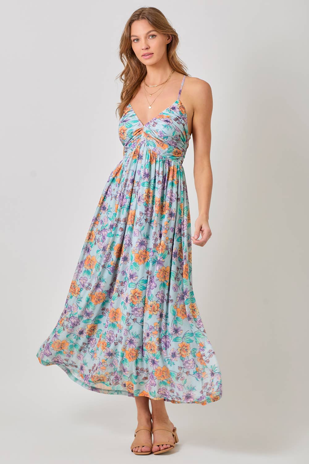 LARGE SEAFOAM CRISS CROSS FLORAL MAXI DRESS