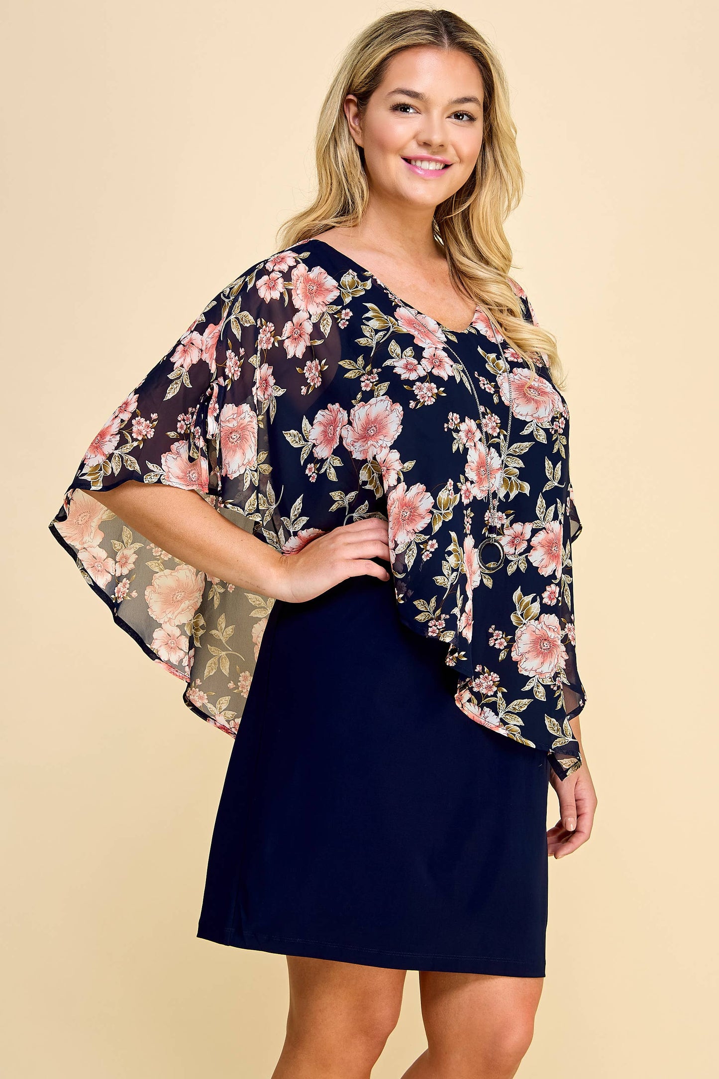 PLUS NAVY/FLORAL ASYMMETRICAL COLD SHOULDER PONCHO DRESS