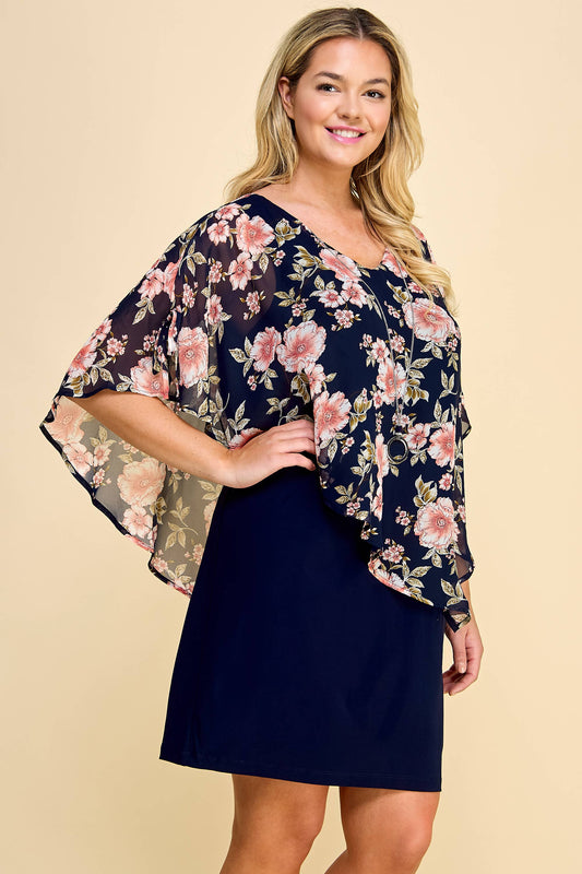 PLUS NAVY/FLORAL ASYMMETRICAL COLD SHOULDER PONCHO DRESS