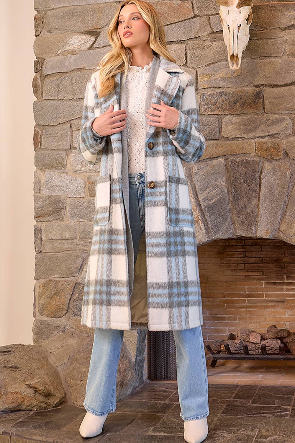 BLUE & IVORY PLAID LONG SHACKET