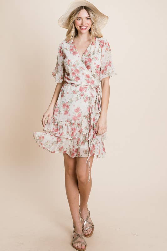 Pink Floral Wrap Chiffon Dress