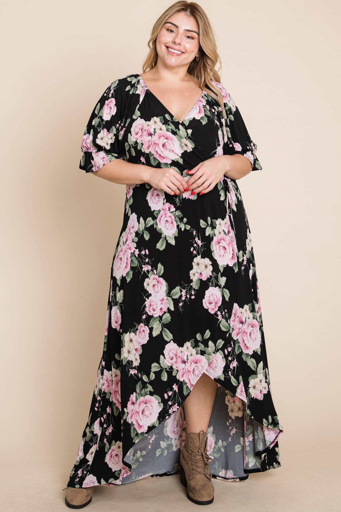 Plus Floral Faux Wrap High Low Maxi Dress