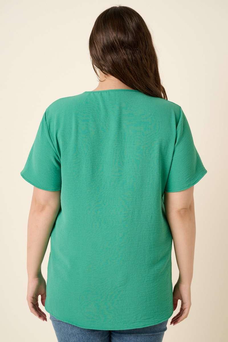 PLUS PARIS GREEN V NECK SHORT SLEEVE BLOUSE