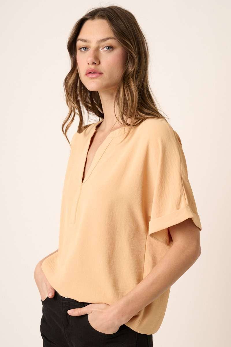 STRAW AIRFLOW PLACKET DETAIL DOLMAN SLEEVE WOVEN TOP