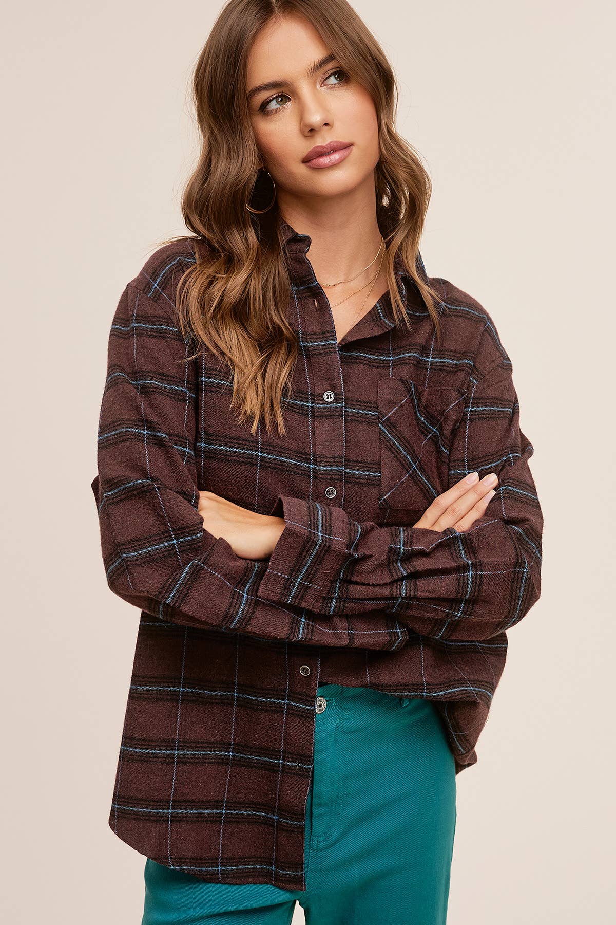 LOOSE FIT CHOCOLATE PLAID BUTTON UP