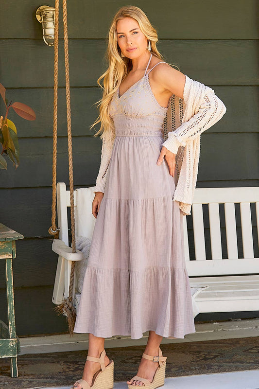 LAVENDER EMBROIDERED BODICE TIERED DRESS