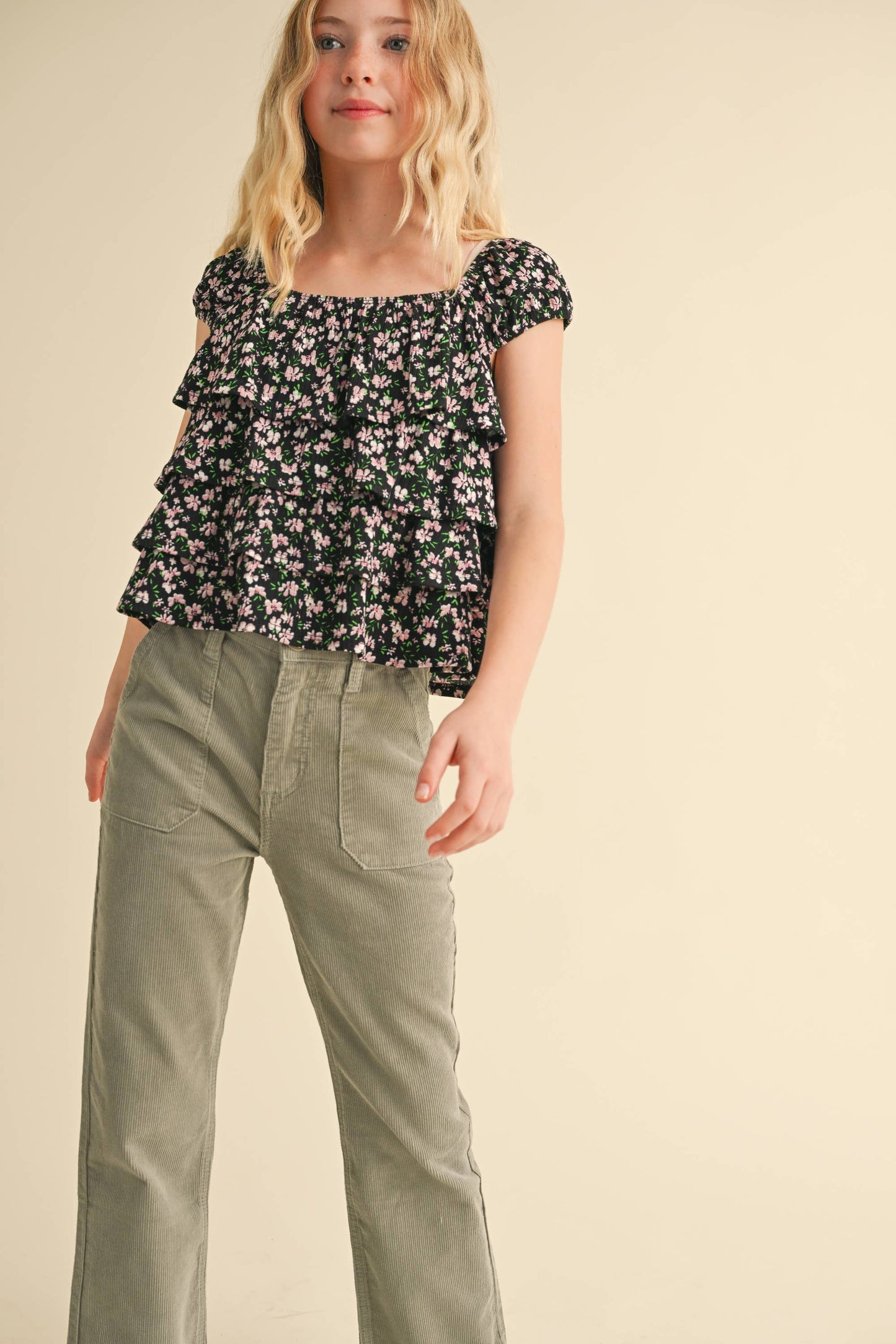 TWEEN BLACK FLORAL RUFFLE   SHIRT