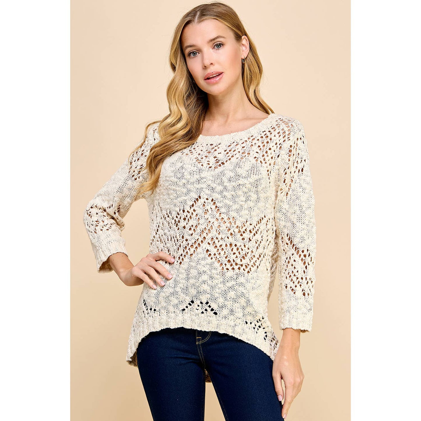 OATMEAL COTTON TEXTURED CREAM SWEATER