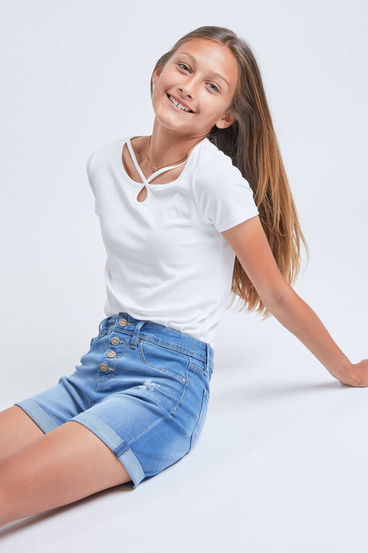 TWEEN GIRLS BASIC EXPOSED BUTTON CUFFED SHORT (7-14)