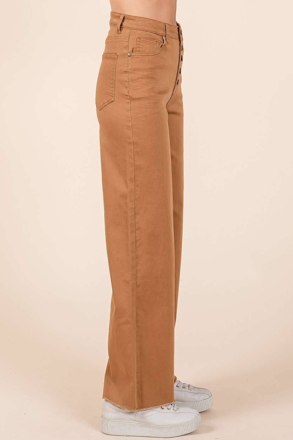 TWILL CAMEL HIGH WAISTED BUTTON FLY WIDE LEG PANTS