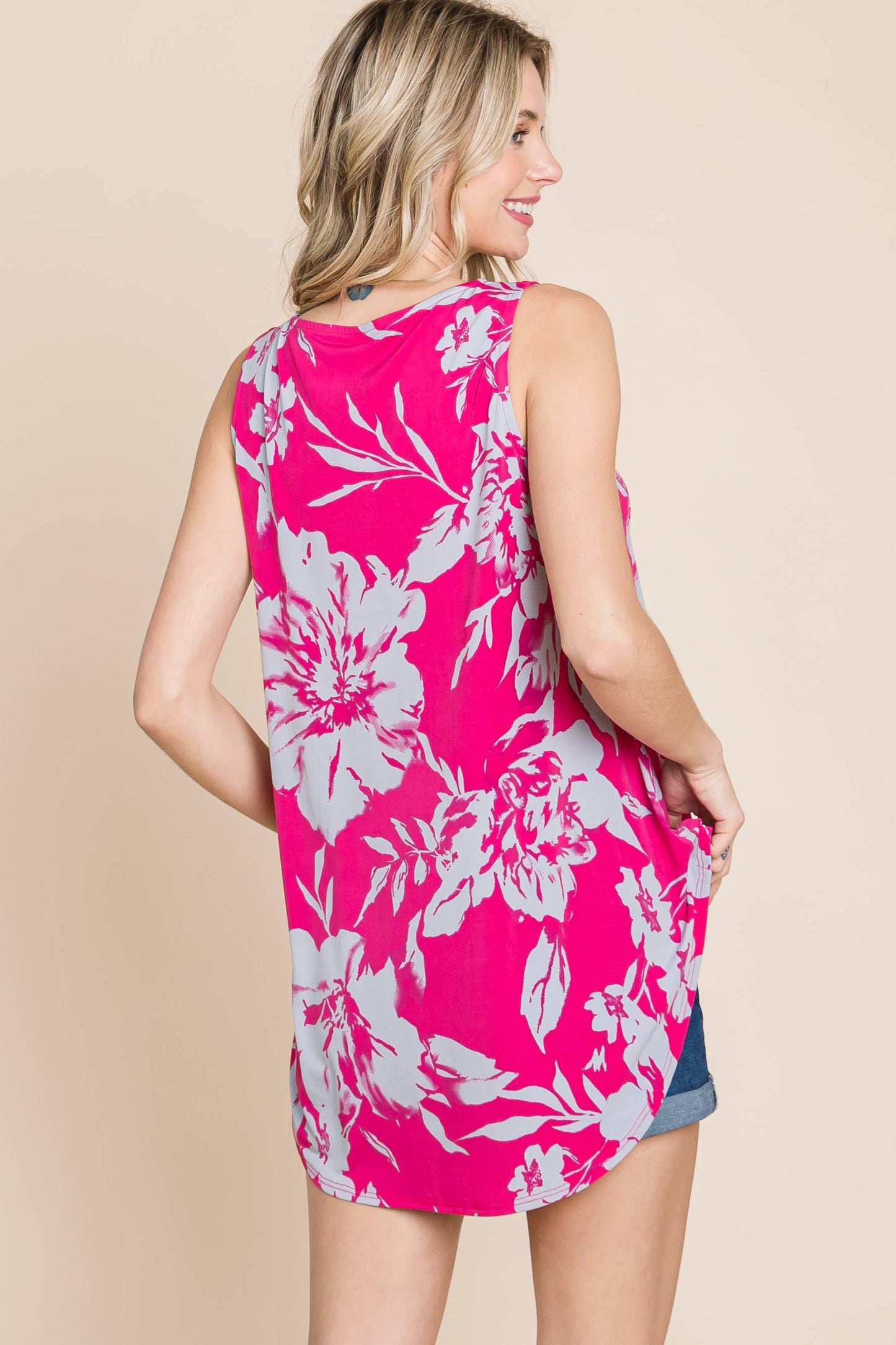 HOT PINK FLORAL SLEEVELESS