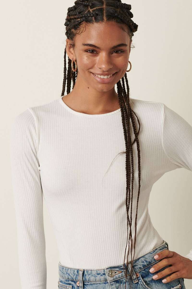 IVORY LONG SLEEVE RIB KNIT BODYSUIT