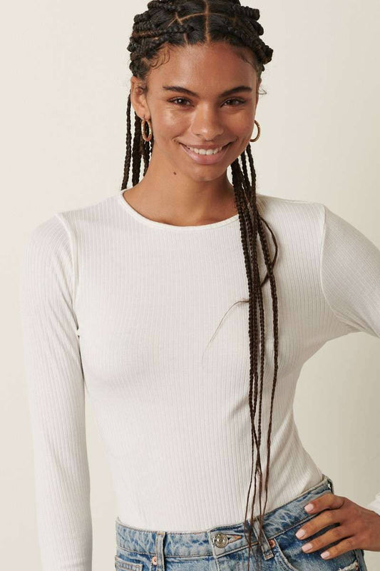 IVORY LONG SLEEVE RIB KNIT BODYSUIT