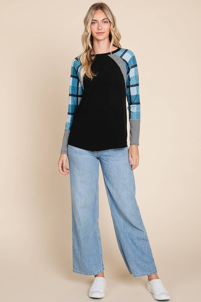 PLUS TEAL PLAID & STRIPE LONG SLEEVE