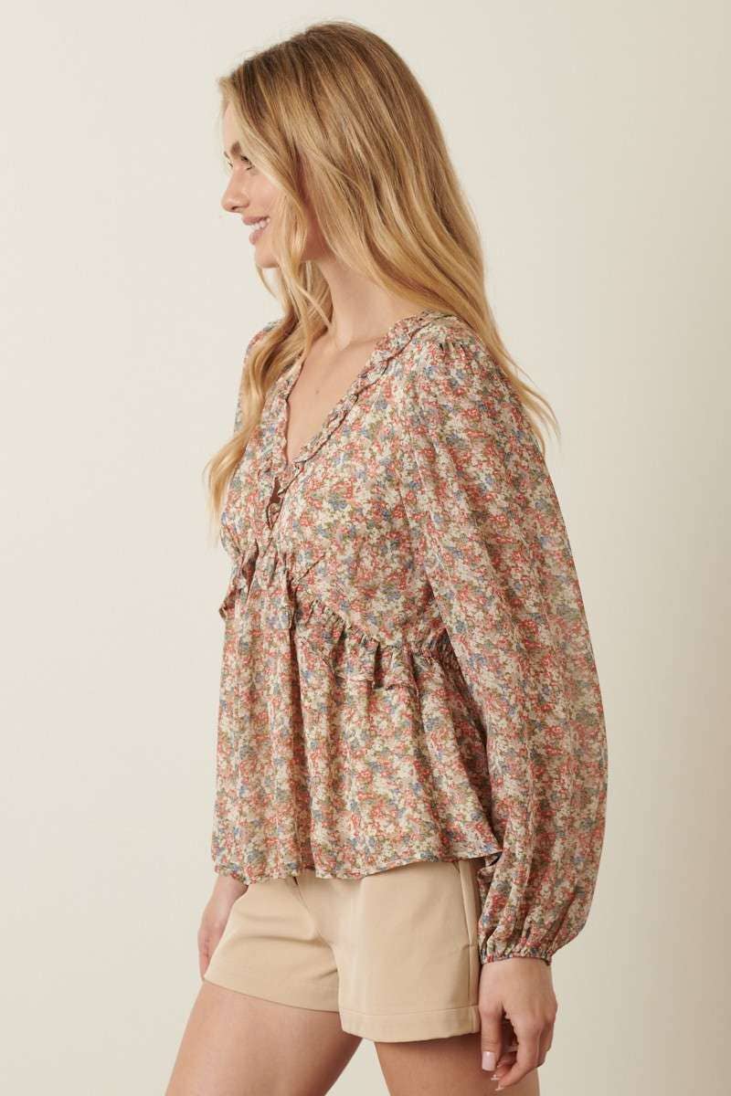 FLORAL PRINT RUFFLE DETAIL BLOUSE