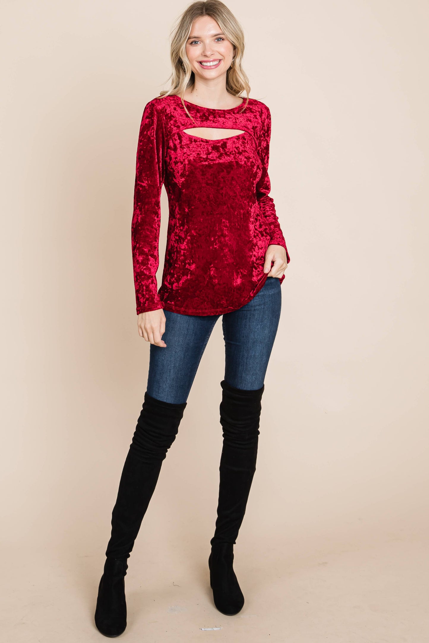 Plus Velvet Cut Out Fashion Top Red