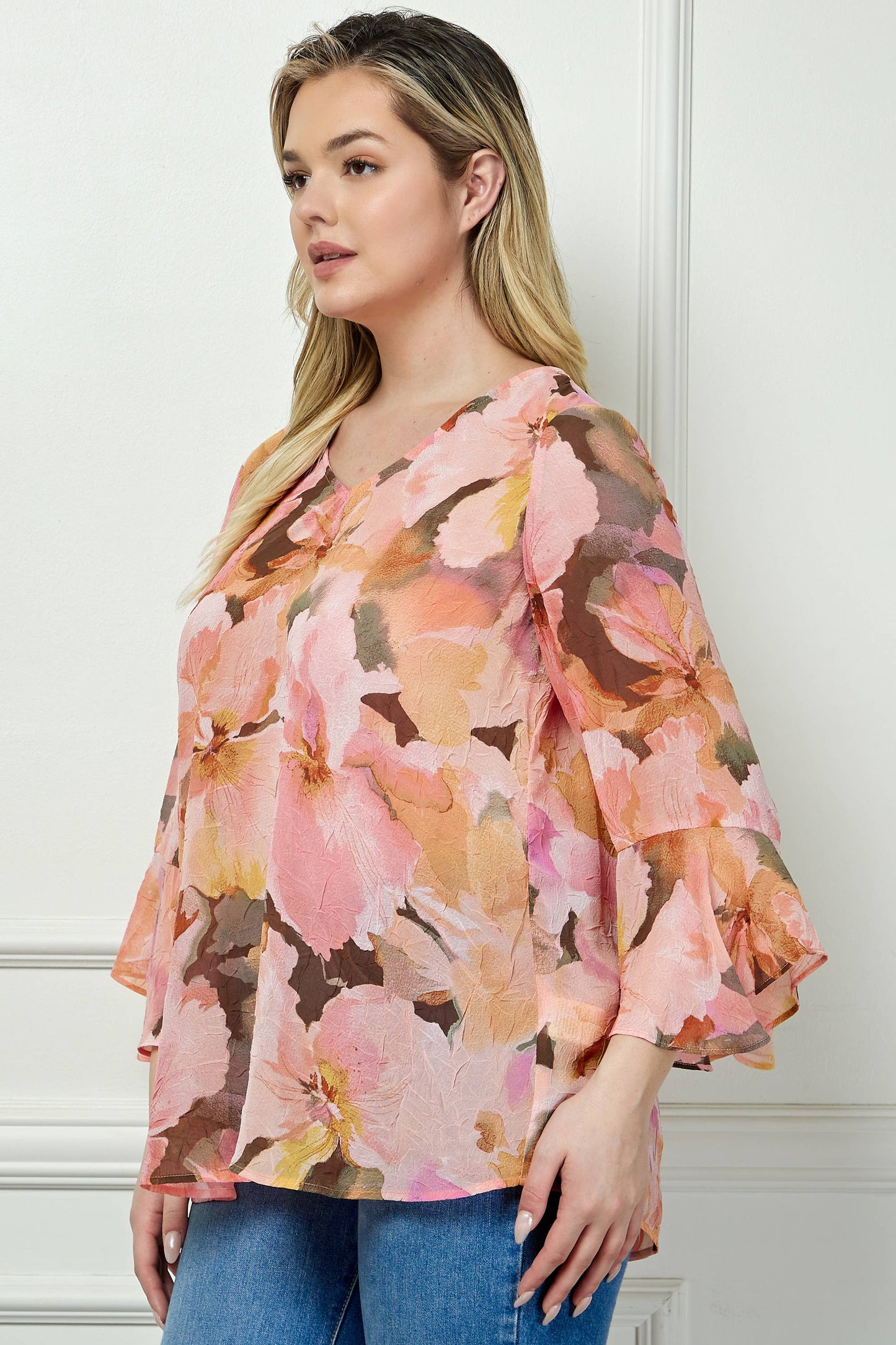 PLUS AND REGULAR SIZE RUFFLE SLEEVE V-NECK SWING TOP: YELLOW/PINK/BROWN