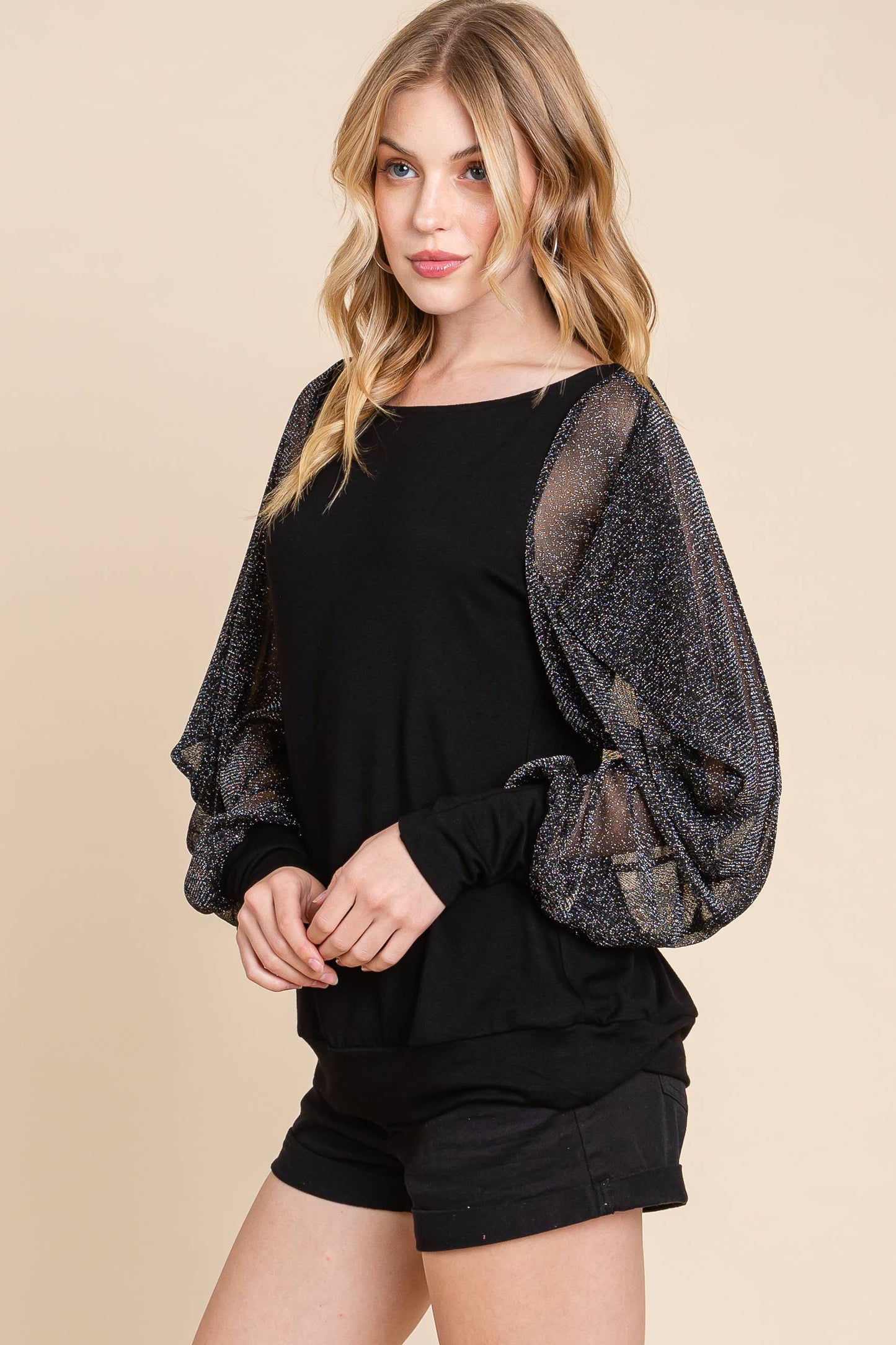 Fashion Top With Balloon Mesh Sleeves