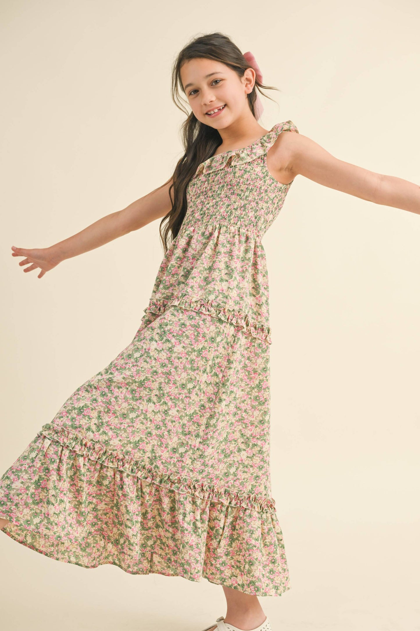 TWEEN FLORAL RUFFLE SMOCKED MAXI DRESS